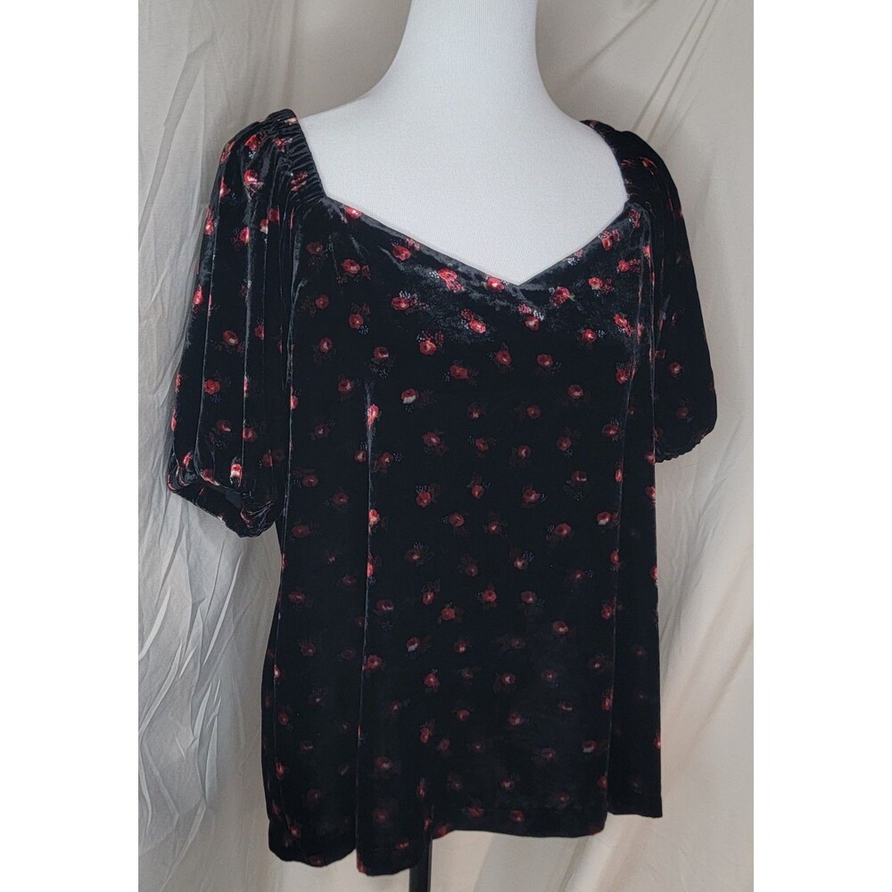 LOFT Velvet Top Womens LG Black Red Floral Sweetheart Neck Puff Sleeve Romantic